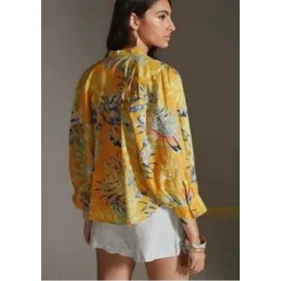 Maeve by Anthropologie Puff Sleeve Tropical Bird Blouse - Picture 2 of 11